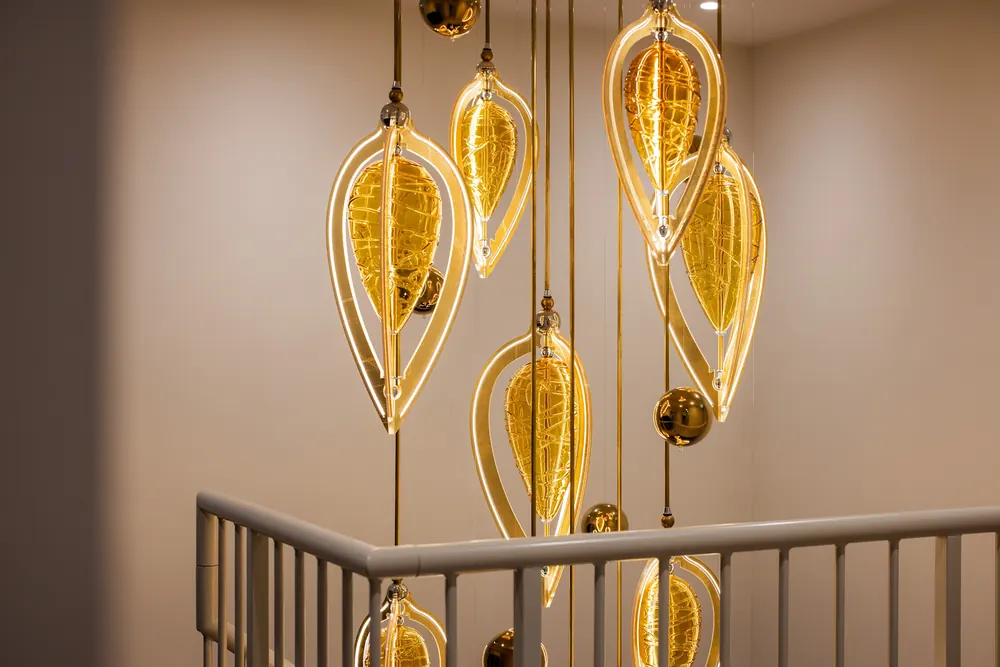 Pendant lights over the stairwell